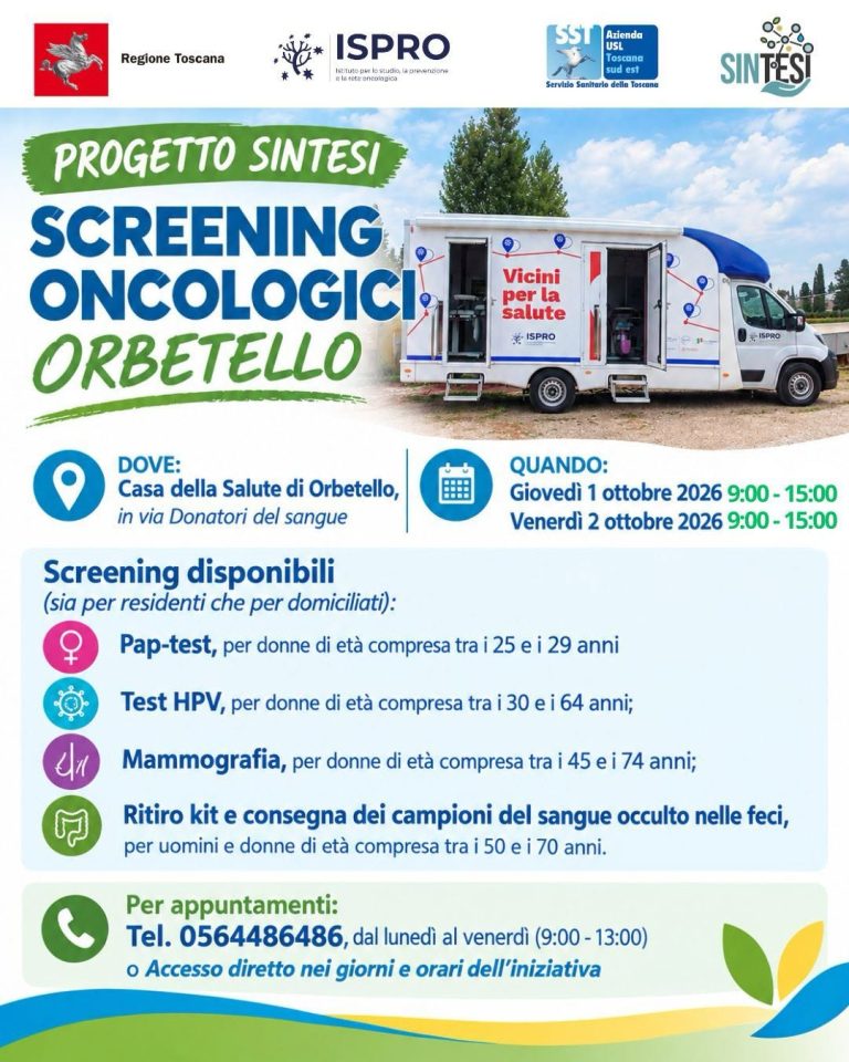 Il camper multiscreening di ISPRO fa tappa alla Casa della Salute di Orbetello giovedì 1° ottobre e venerdì 2 ottobre